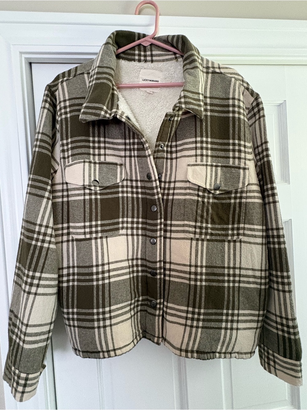 Lucky Brand Olive and Cream Plaid Sherpa Lined Jacket